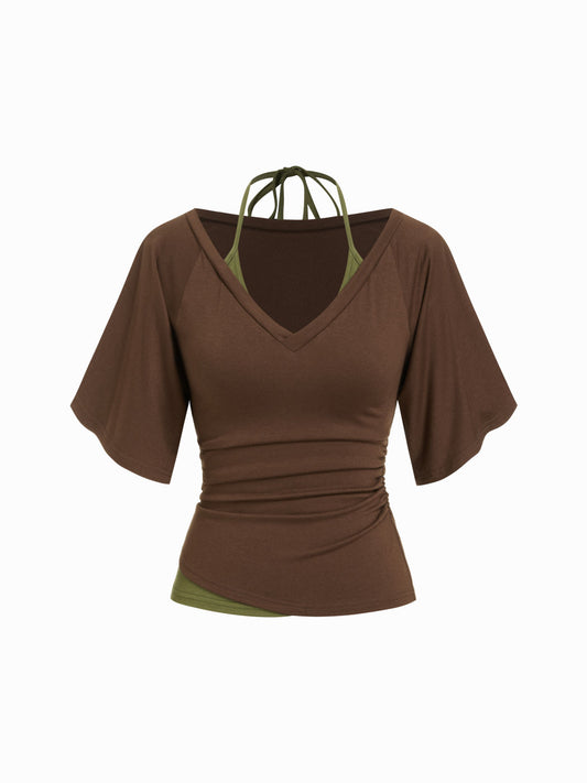 Halter Neck Top & V-neck Ruched Bell Sleeve Tee