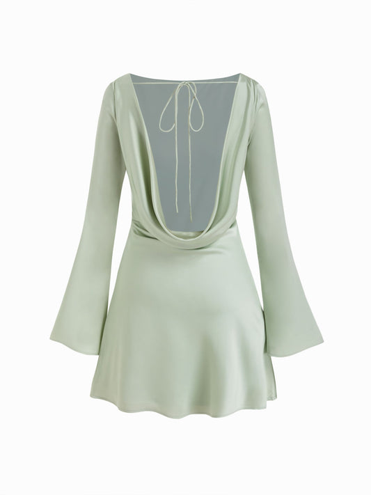 Satin Boat Neck Bell Sleeve Backless Mini Dress