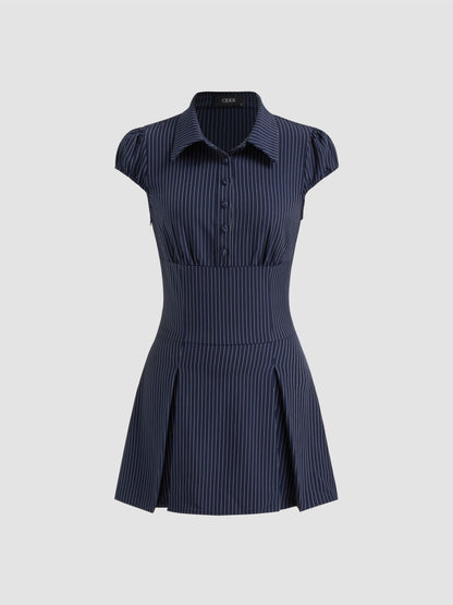 Collar Stripes Pleated Shirt Mini Dress