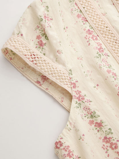 Cotton V-neck Floral Short Sleeve Blouse