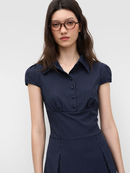 Collar Stripes Pleated Shirt Mini Dress