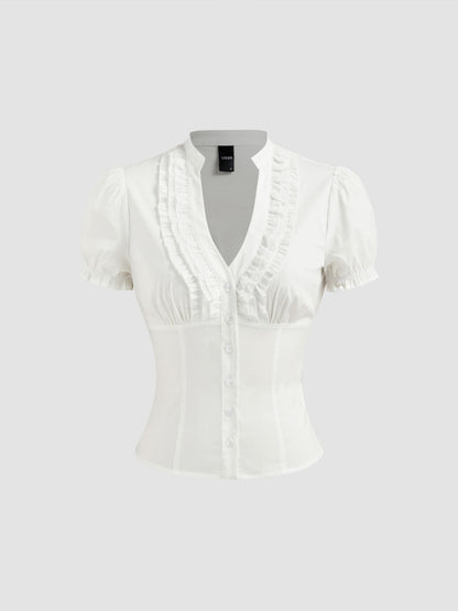 Cotton-blend V-neck Lettuce Trim Short Sleeve Blouse