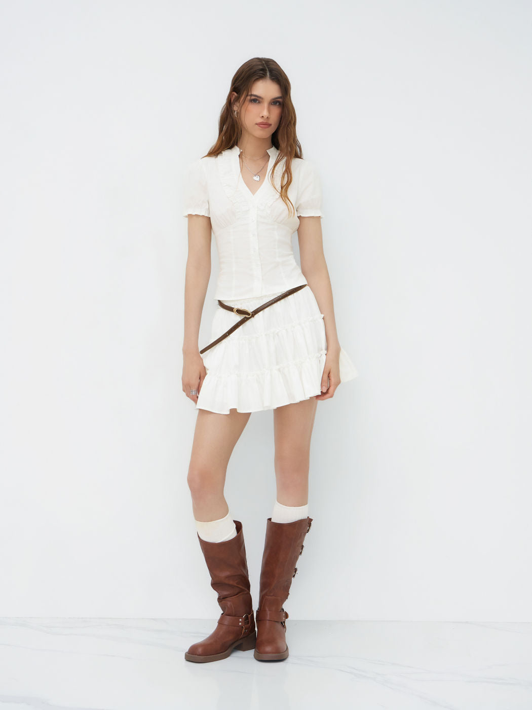 Cotton-blend V-neck Lettuce Trim Short Sleeve Blouse