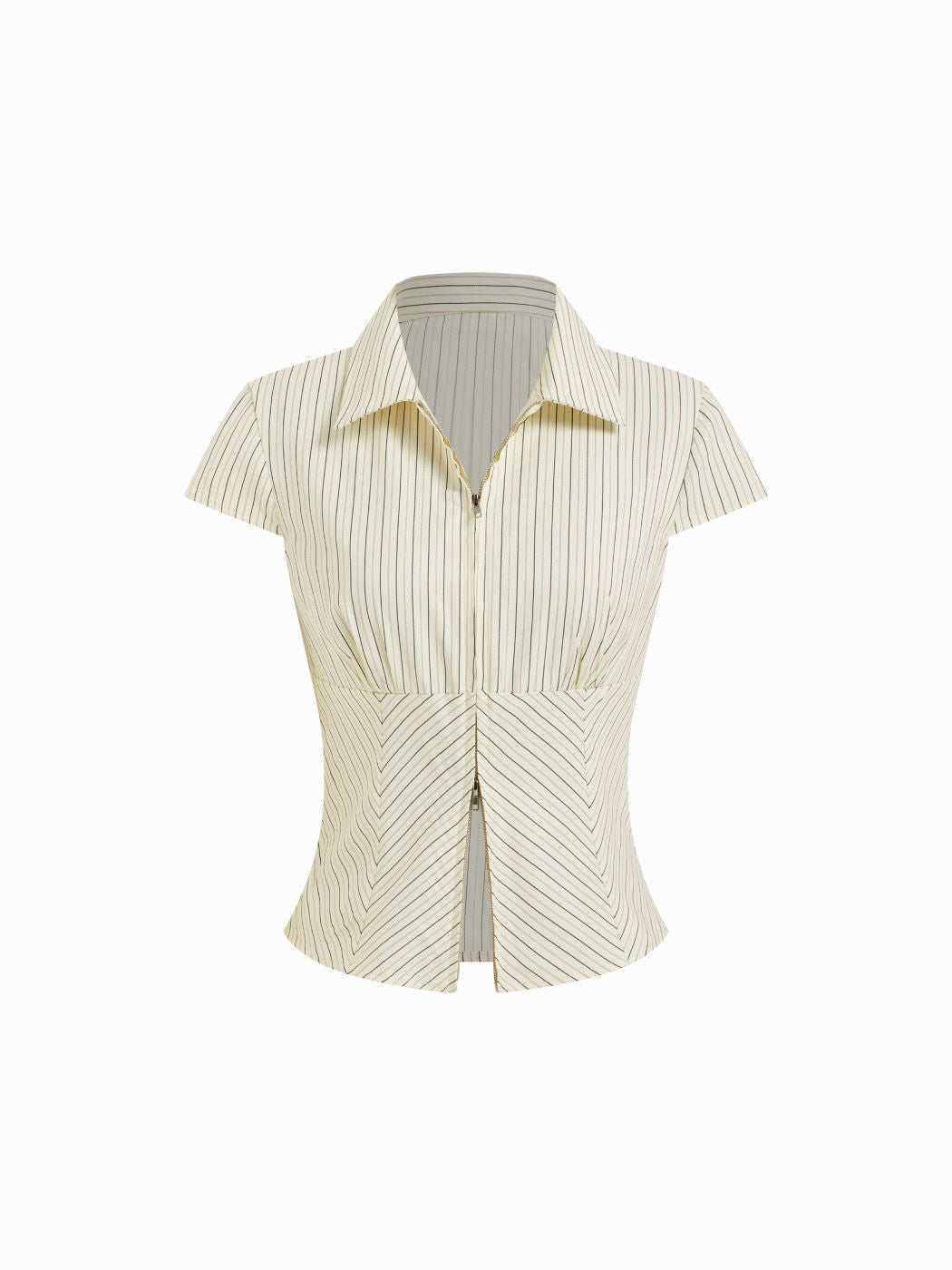Cotton-blend Stripes Collar Zip Front Short Sleeve Blouse