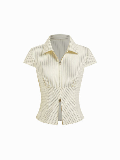 Cotton-blend Stripes Collar Zip Front Short Sleeve Blouse