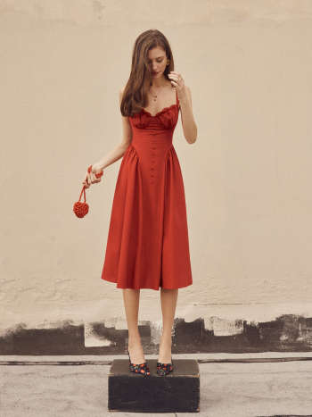 Cotton-blend Sculptural U-neckline Ruffled Lace Up Flared Maxi Dress