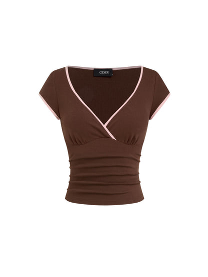 Cotton-blend V-neck Two Tone Top & Mid Rise Drawstring Straight Leg Trousers Set