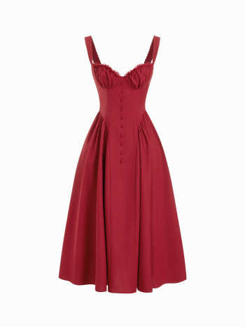 Cotton-blend Sculptural U-neckline Ruffled Lace Up Flared Maxi Dress