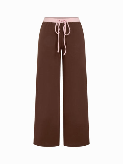 Cotton-blend V-neck Two Tone Top & Mid Rise Drawstring Straight Leg Trousers Set