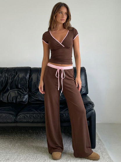 Cotton-blend V-neck Two Tone Top & Mid Rise Drawstring Straight Leg Trousers Set
