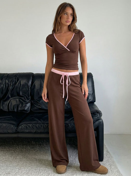 Cotton-blend V-neck Two Tone Top & Mid Rise Drawstring Straight Leg Trousers Set