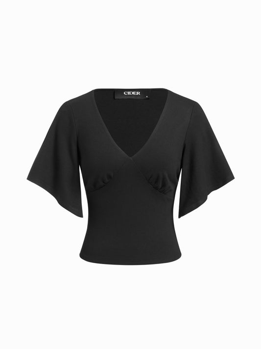 V-neck Ruched Short Bell Sleeve Top