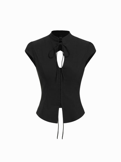 Stand Collar Short Sleeve Tie Front Cut Out Backless Slim Blouse