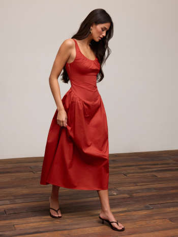 Cotton Scoop Neckline A-line Midi Dress