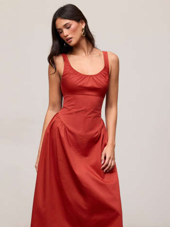Cotton Scoop Neckline A-line Midi Dress