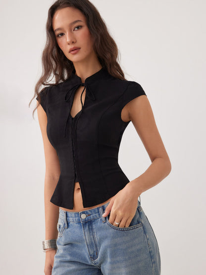 Stand Collar Short Sleeve Tie Front Cut Out Backless Slim Blouse
