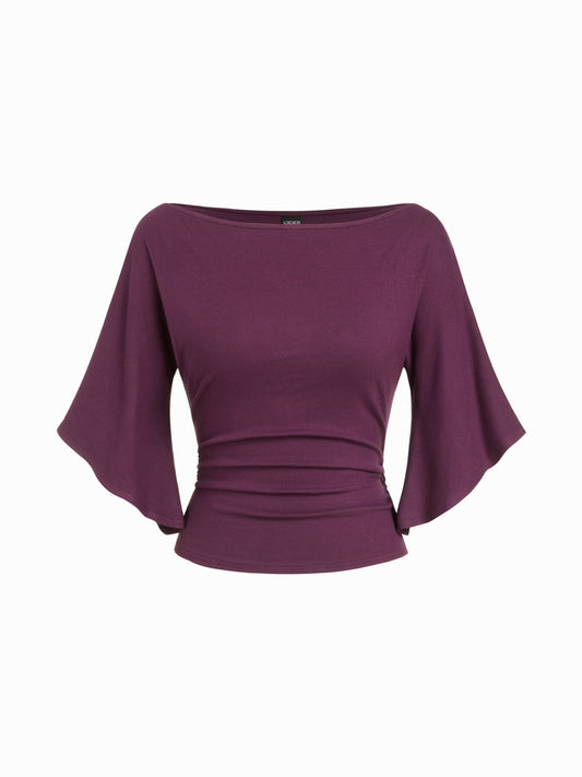 Boat Neck Mid-length Bell Sleeve Ruched Tee
