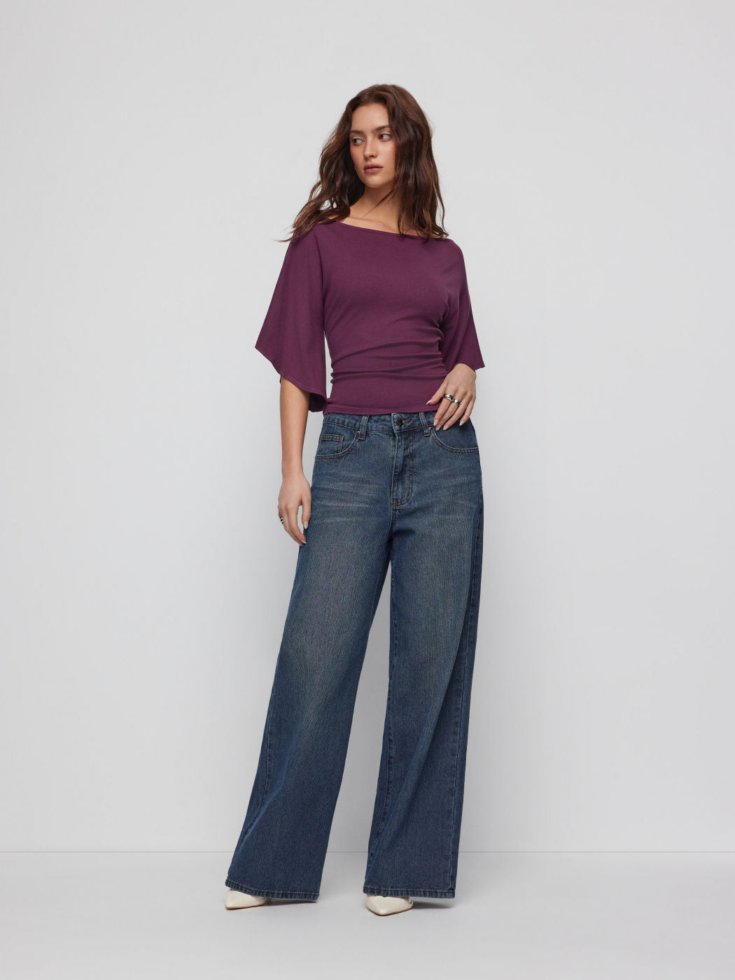 Boat Neck Mid-length Bell Sleeve Ruched Tee