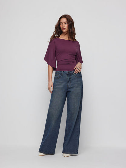 Boat Neck Mid-length Bell Sleeve Ruched Tee