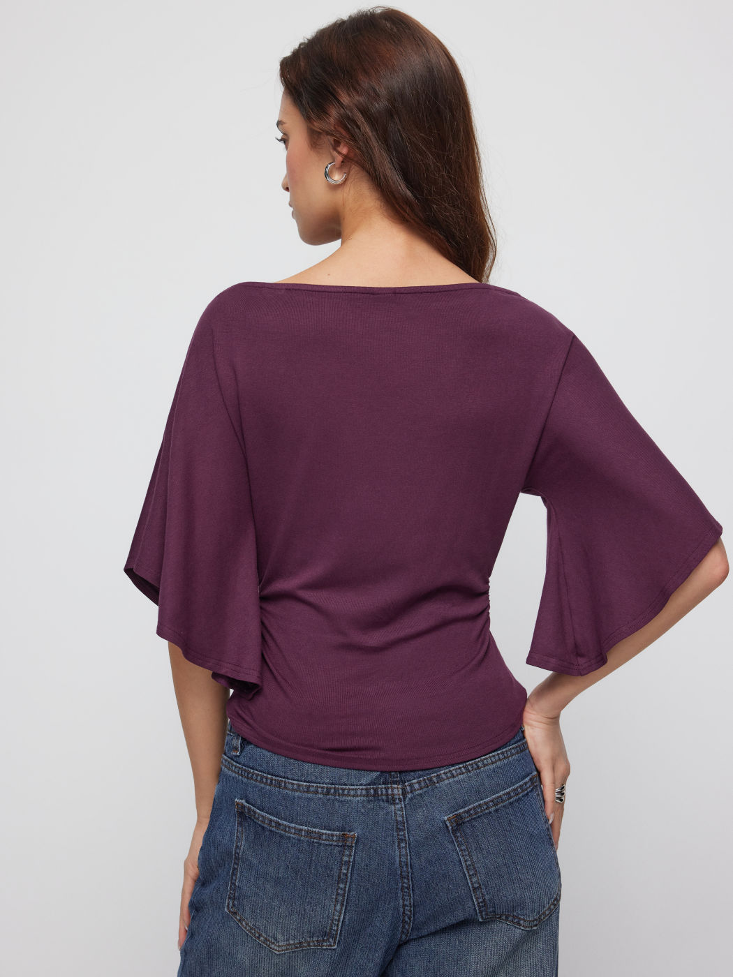 Boat Neck Mid-length Bell Sleeve Ruched Tee