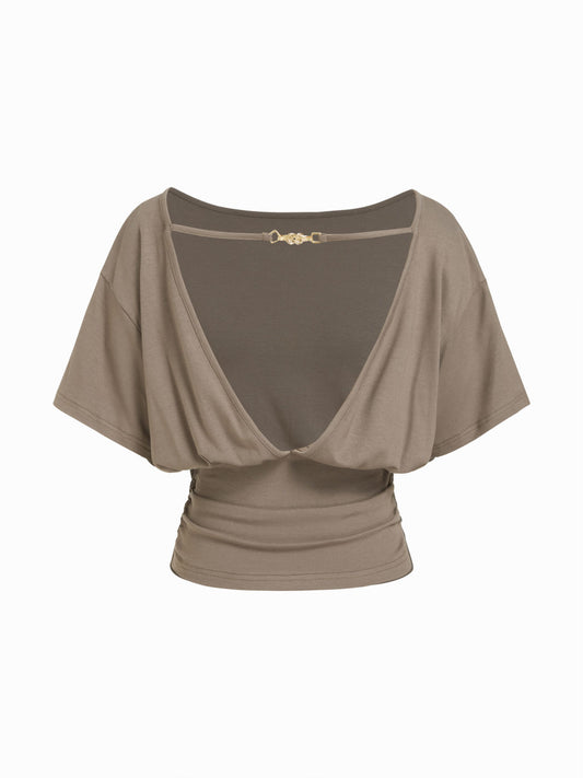 Boat Neck Batwing Sleeve Backless Drawstring Metal Detail Oversized Crop Tee