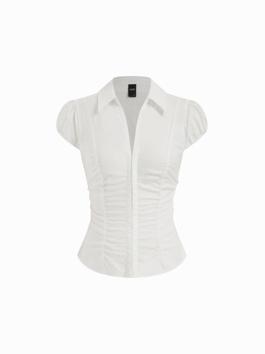 Cotton-blend Ruched Puff Sleeve Longline Blouse