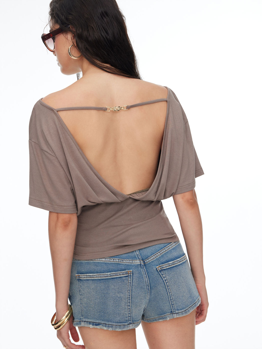 Boat Neck Batwing Sleeve Backless Drawstring Metal Detail Oversized Crop Tee