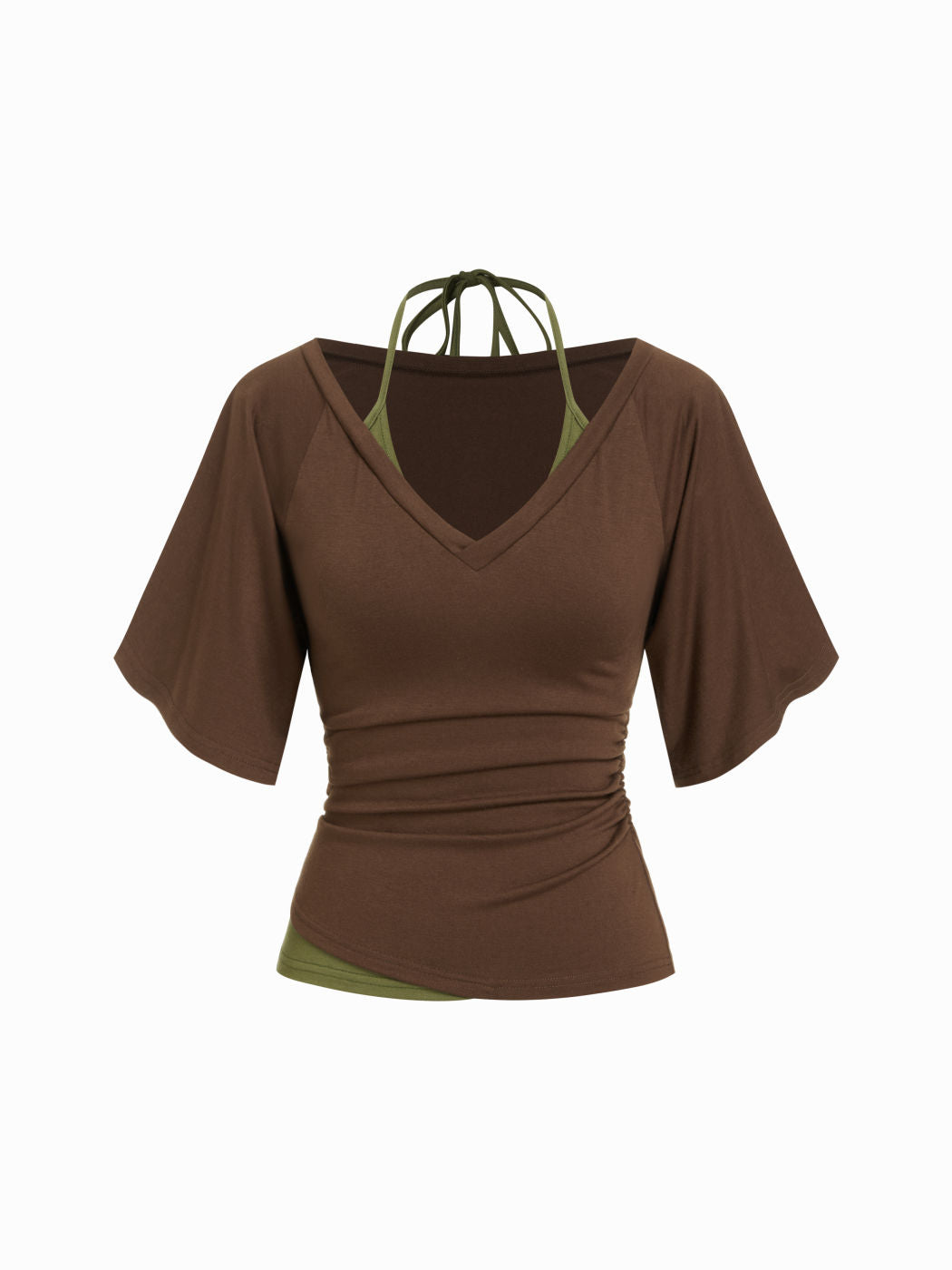 Halter Neck Top & V-neck Ruched Bell Sleeve Tee