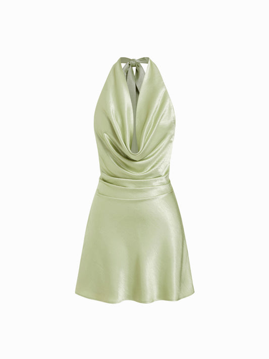 Sage Satin Halter Neck Ruched Mini Dress