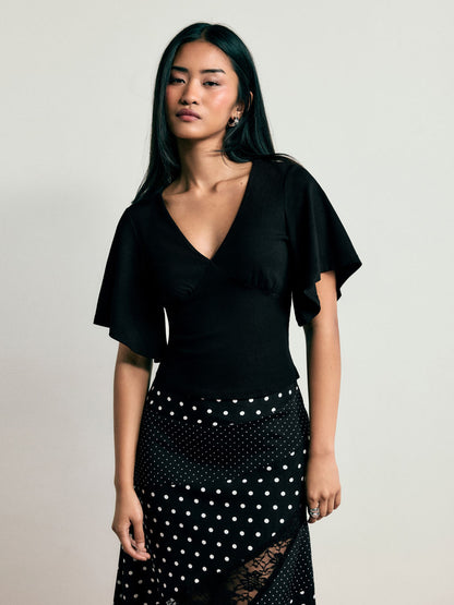V-neck Ruched Short Bell Sleeve Top