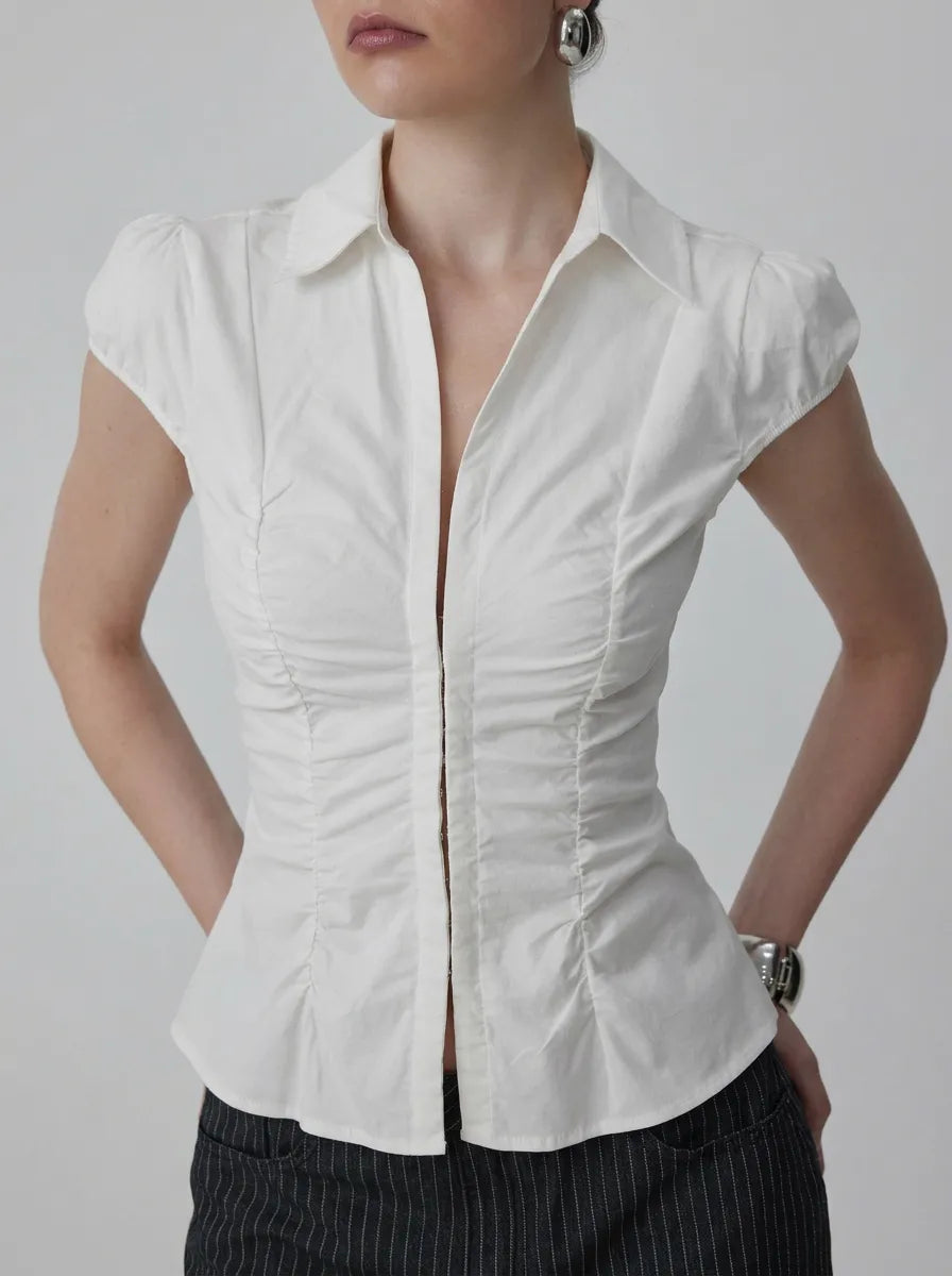 Cotton-blend Ruched Puff Sleeve Longline Blouse