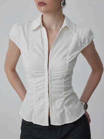 Cotton-blend Ruched Puff Sleeve Longline Blouse