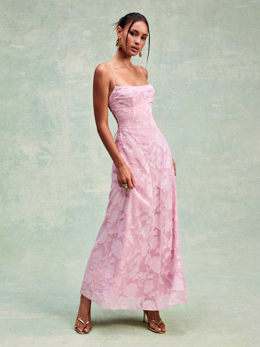 Textured Floral Backless A-Line Maxi Dress