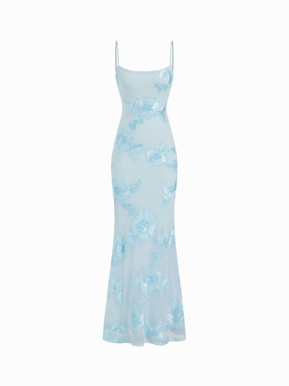 Floral Lace Up Appliques Backless Maxi Dress