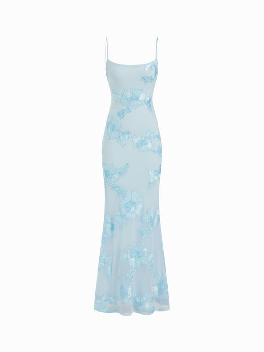 Floral Lace Up Appliques Backless Maxi Dress