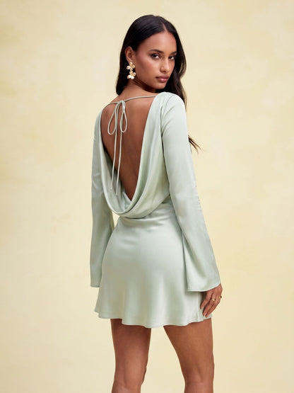Satin Boat Neck Bell Sleeve Backless Mini Dress