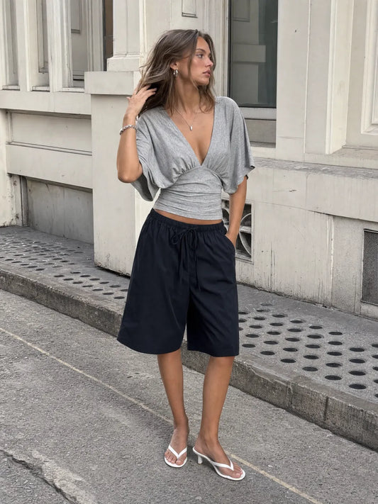 V-neck Batwing Sleeve Ruched Slim Tee